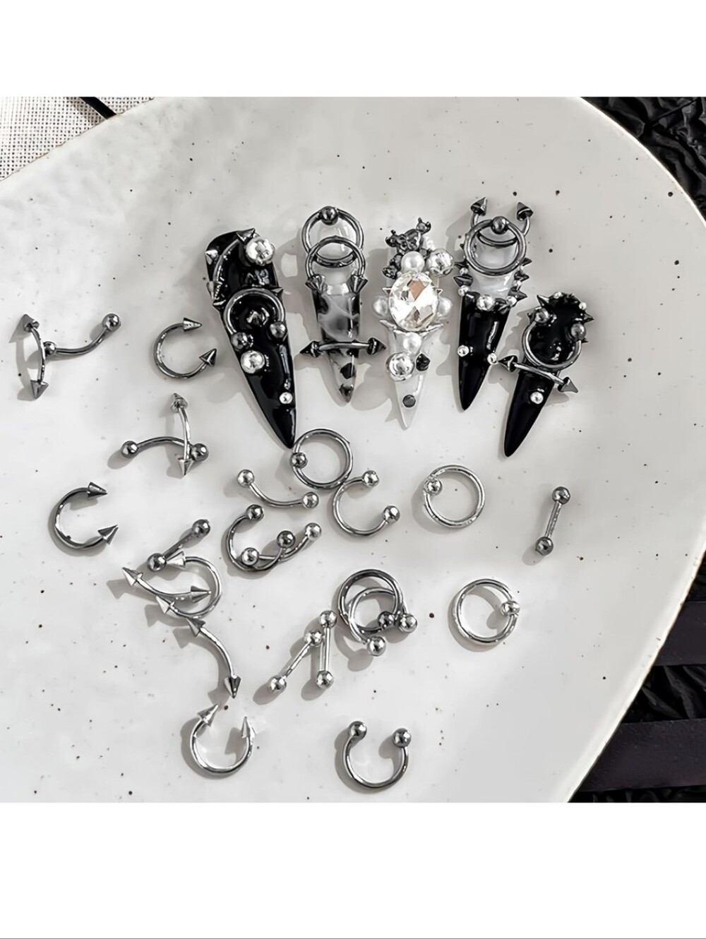 100 PCS Piercing Nail Art Charms 3D Silver Alloy Goth Punk Nail Rhinestones Y2K